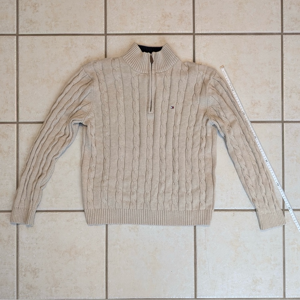 Size L Tommy Hilfiger 100% Cotton Y2K Vintage Cream Chunky Knit Quarter Zip - Picture 11 of 15